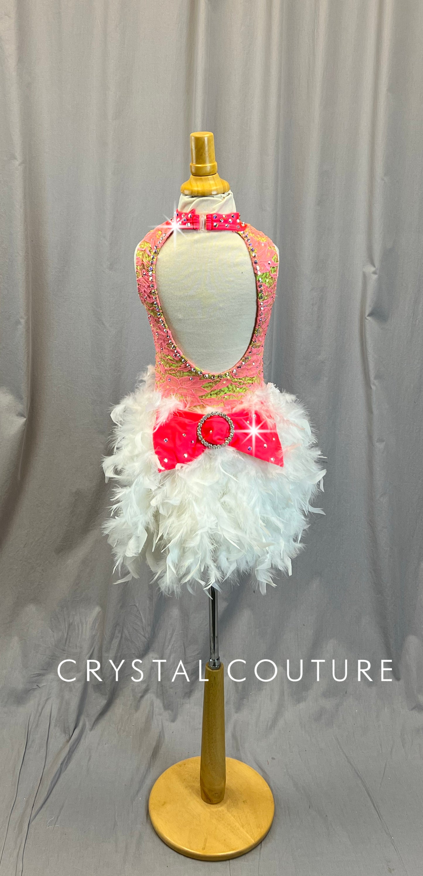 Pink and Lime Leotard with White Feather Bustle - Rhinestones