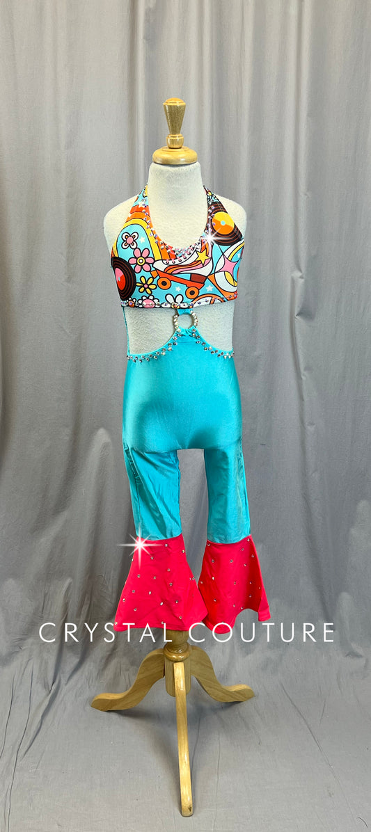 70s Inspired Teal and Pink Roller Skate Unitard -Rhinestones