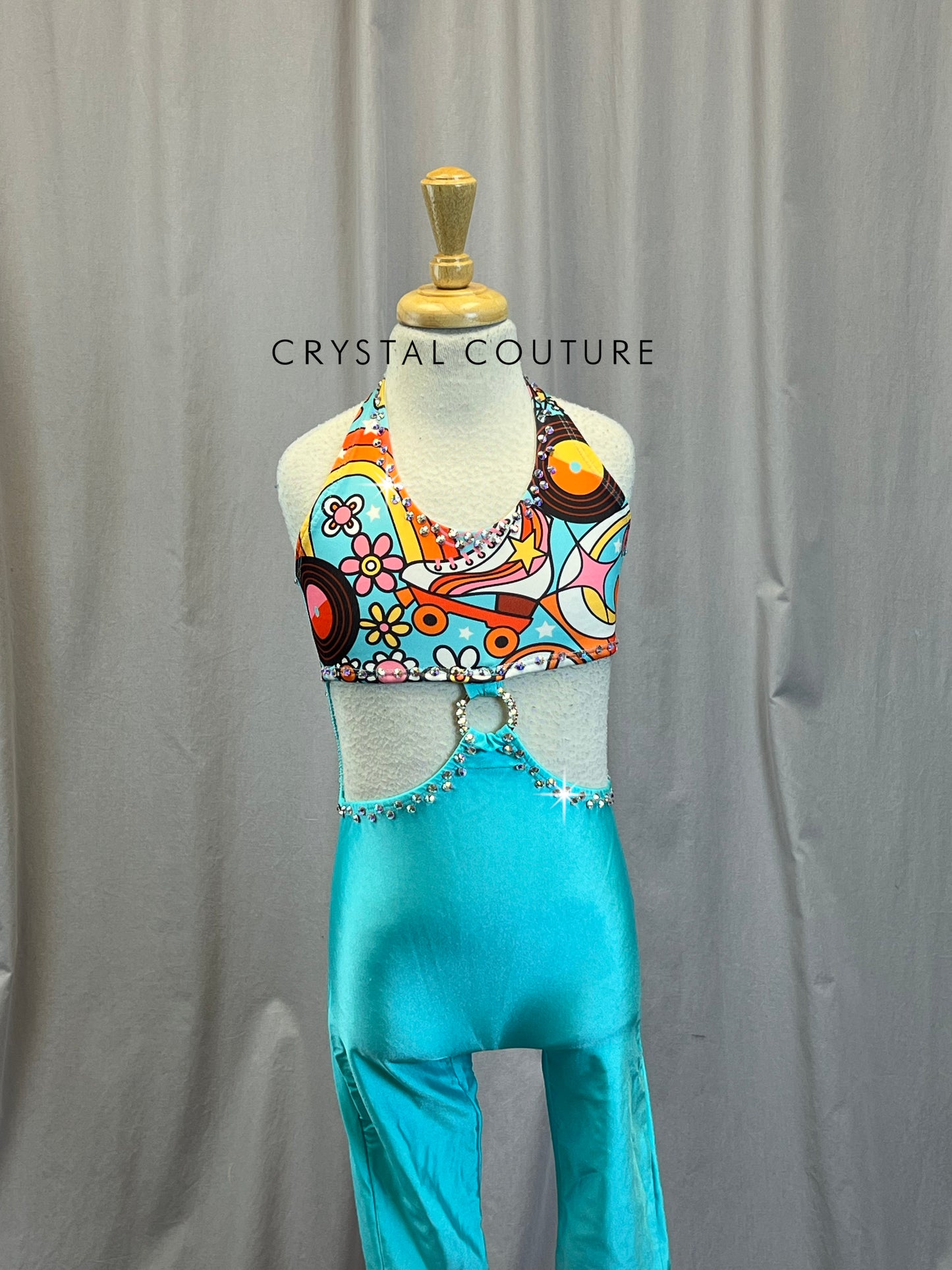 70s Inspired Teal and Pink Roller Skate Unitard -Rhinestones