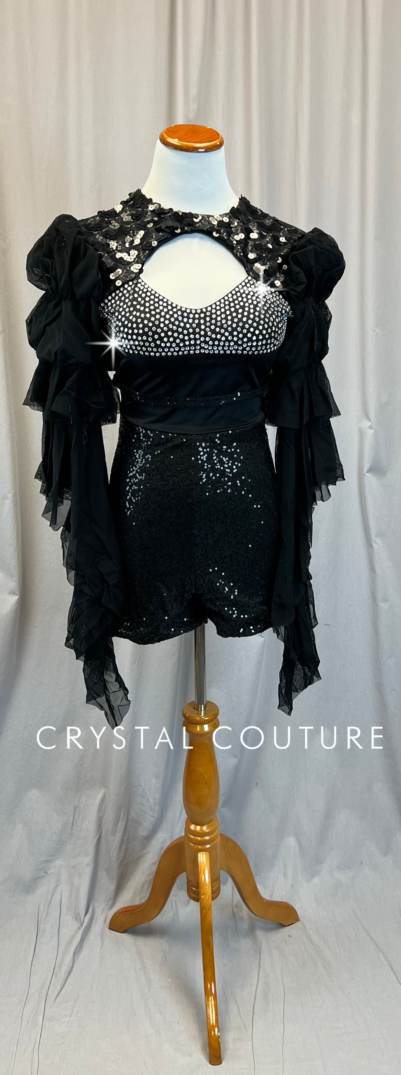 Black Sequin and Ruffle Long Sleeve Biketard - Rhinestones