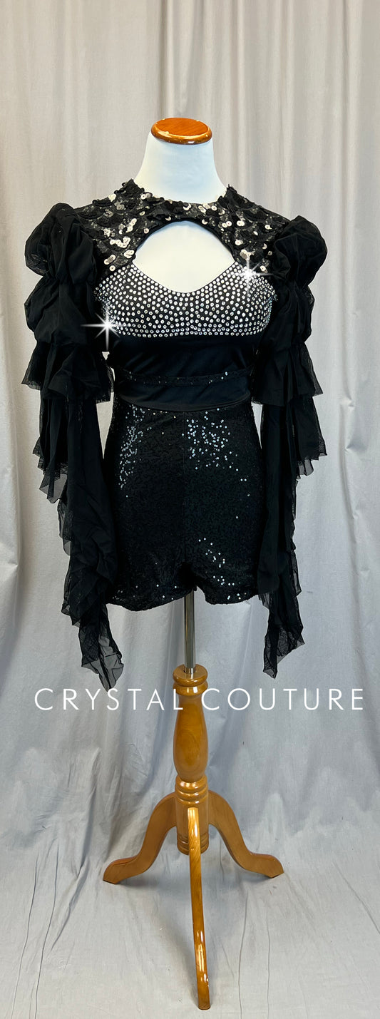 Black Sequin and Ruffle Long Sleeve Biketard - Rhinestones
