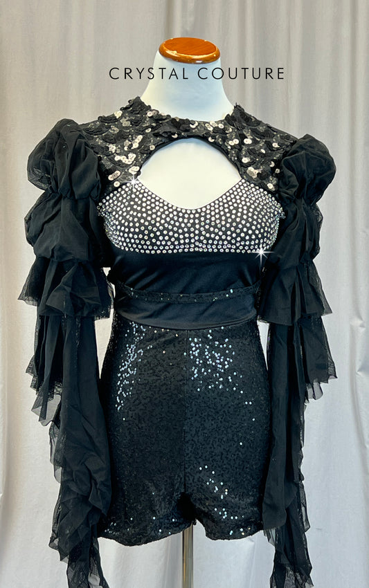 Black Sequin and Ruffle Long Sleeve Biketard - Rhinestones