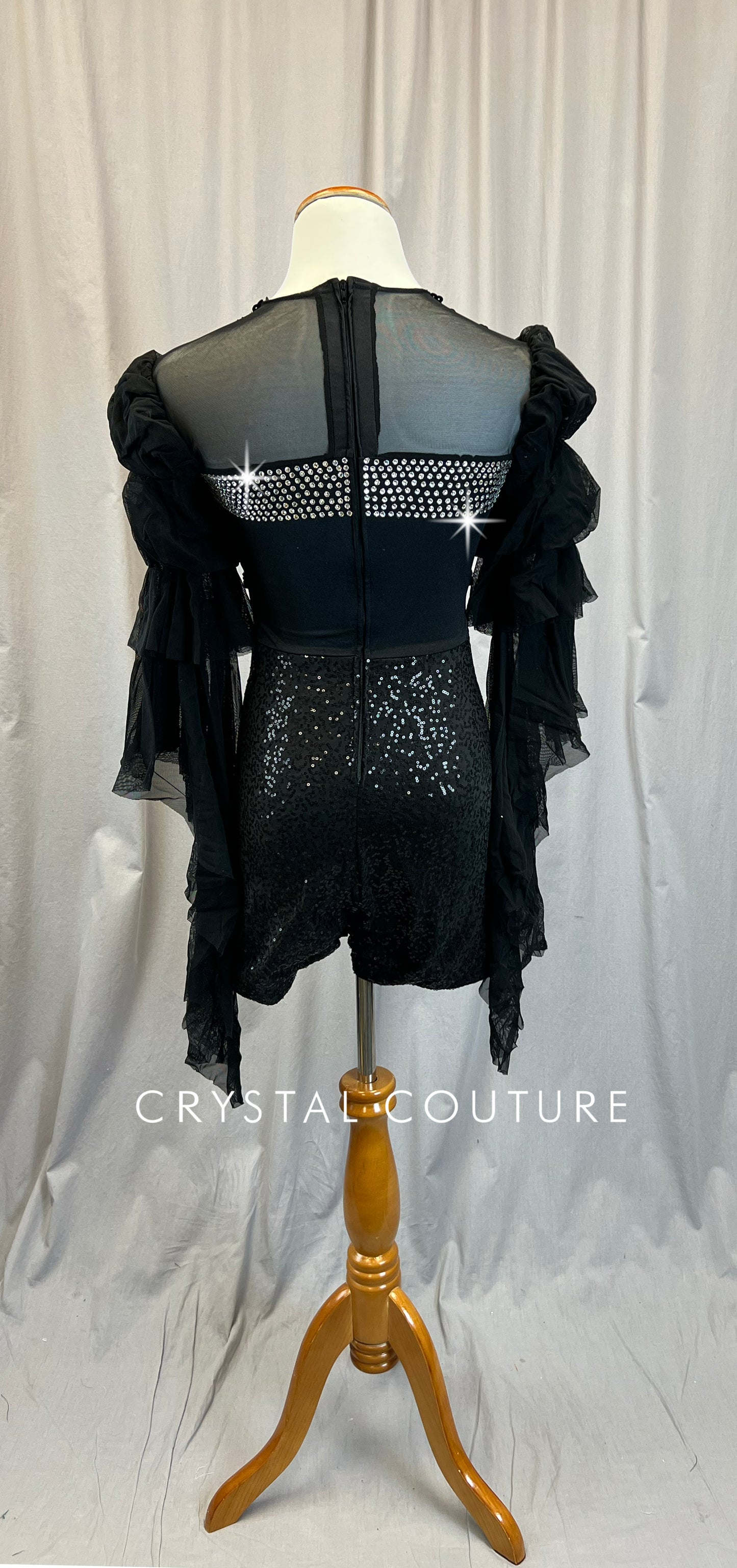 Black Sequin and Ruffle Long Sleeve Biketard - Rhinestones