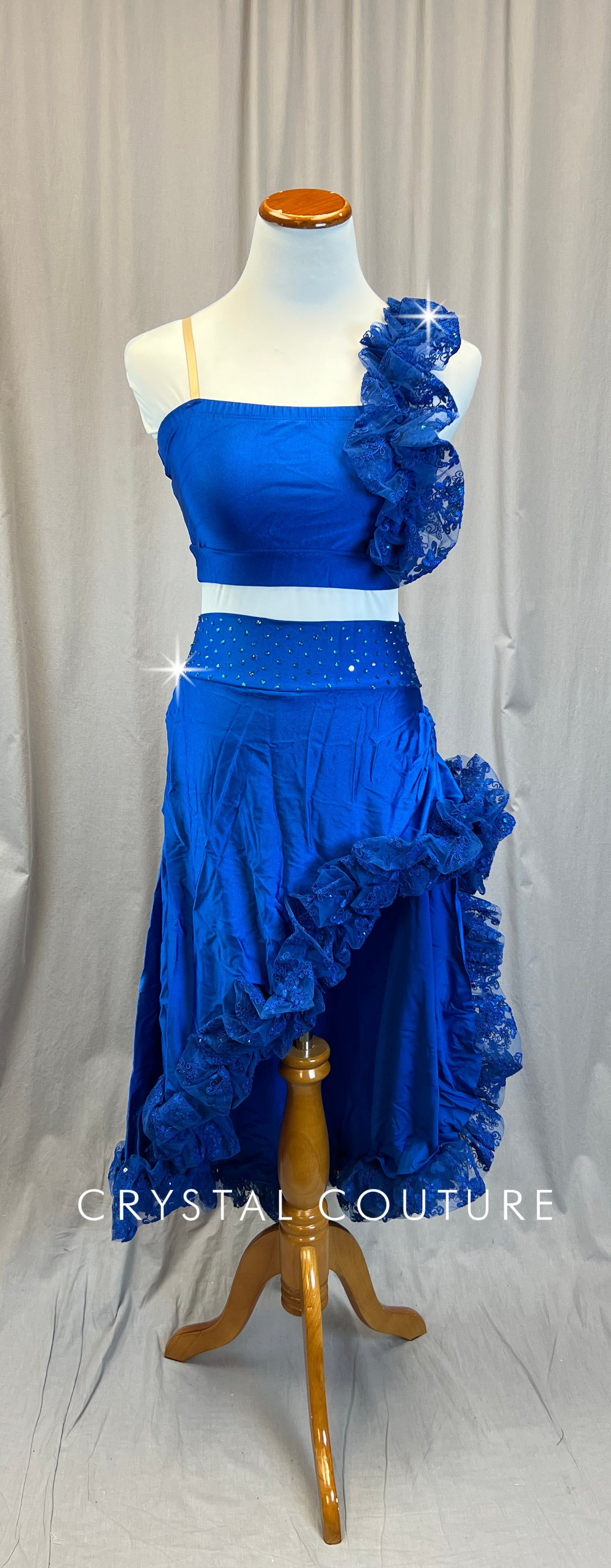 Blue Asymmetrical Ruffled Accents Crop Top and Skirt Set - Rhinestones