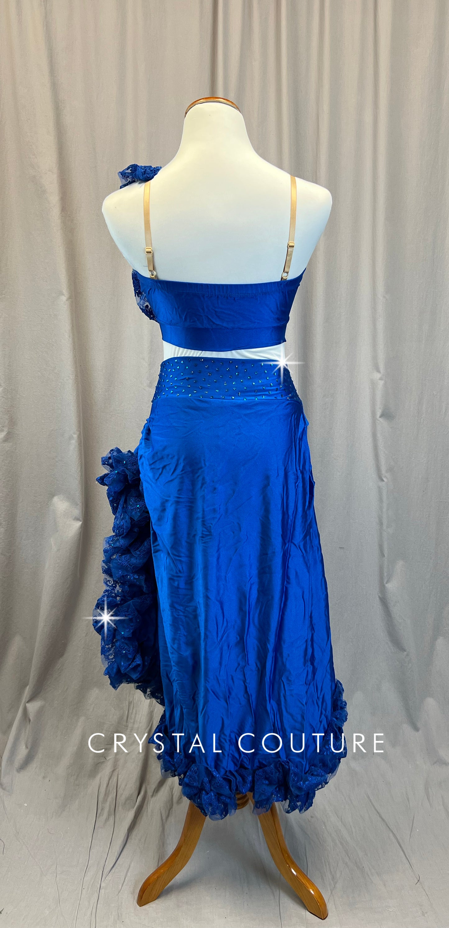 Blue Asymmetrical Ruffled Accents Crop Top and Skirt Set - Rhinestones