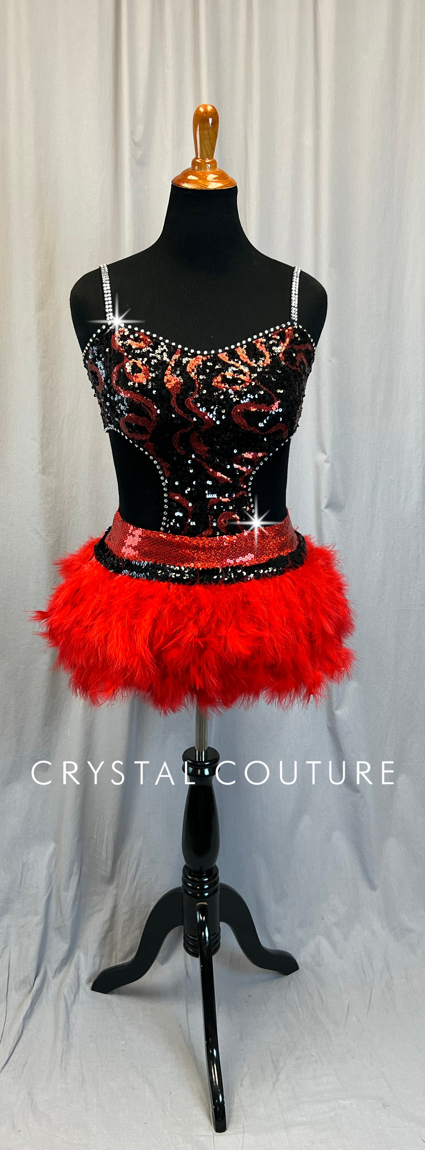 Red and Black Feather Sequin Mini Dress - Rhinestones