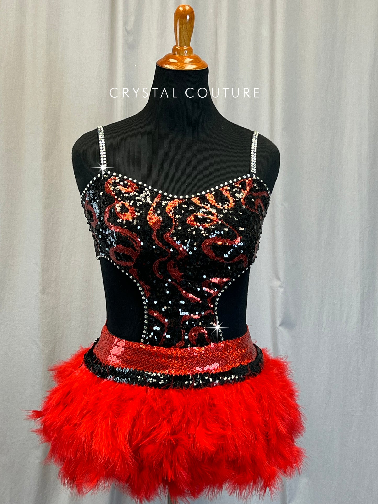 Red and Black Feather Sequin Mini Dress - Rhinestones