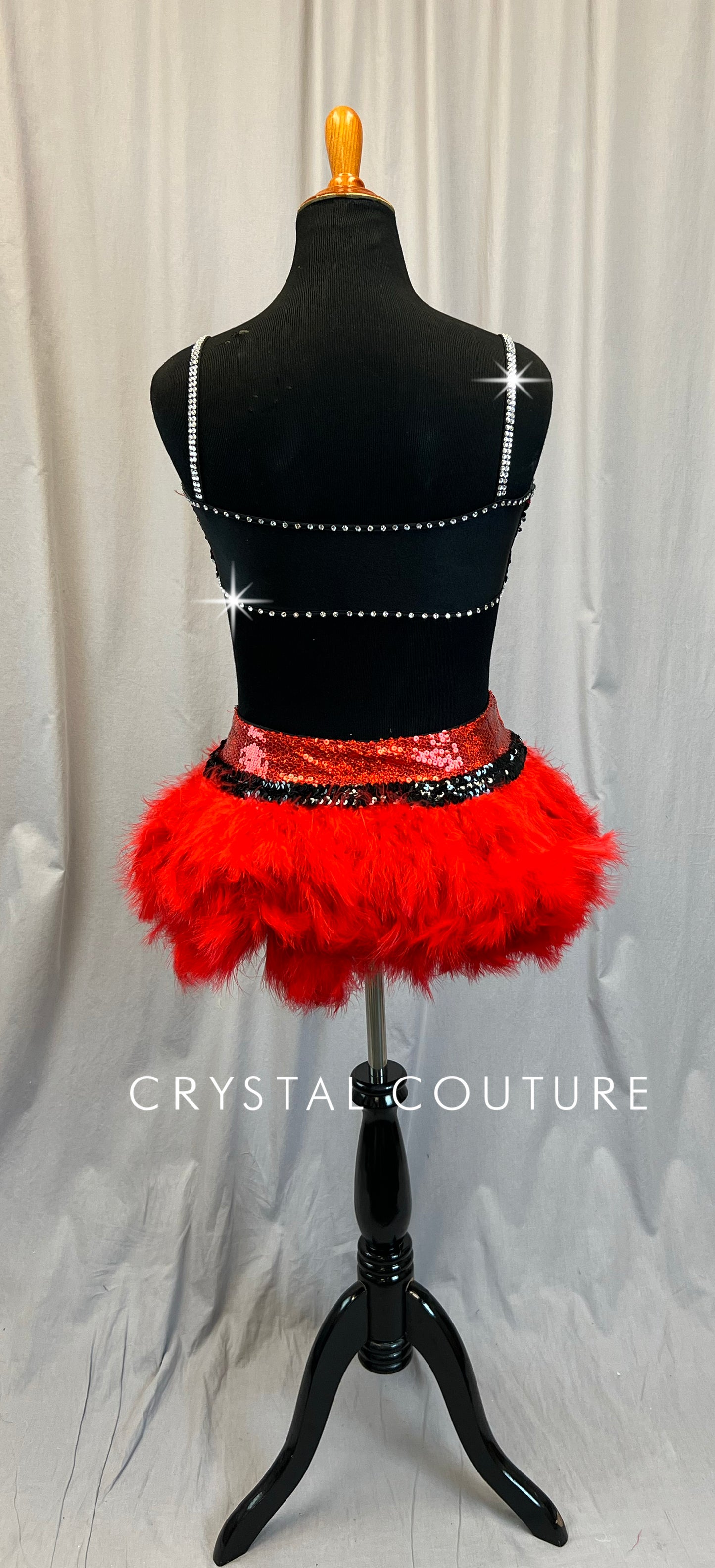 Red and Black Feather Sequin Mini Dress - Rhinestones