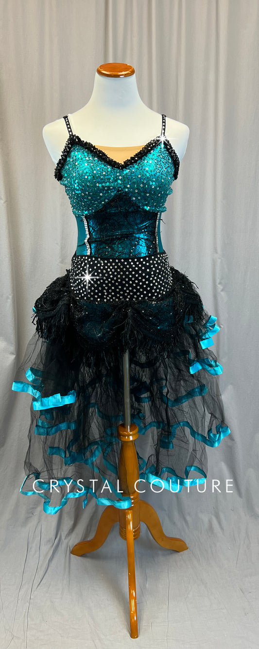 Teal and Black Sequin Lace Biketard with Black Tulle Bustle - Rhinestones