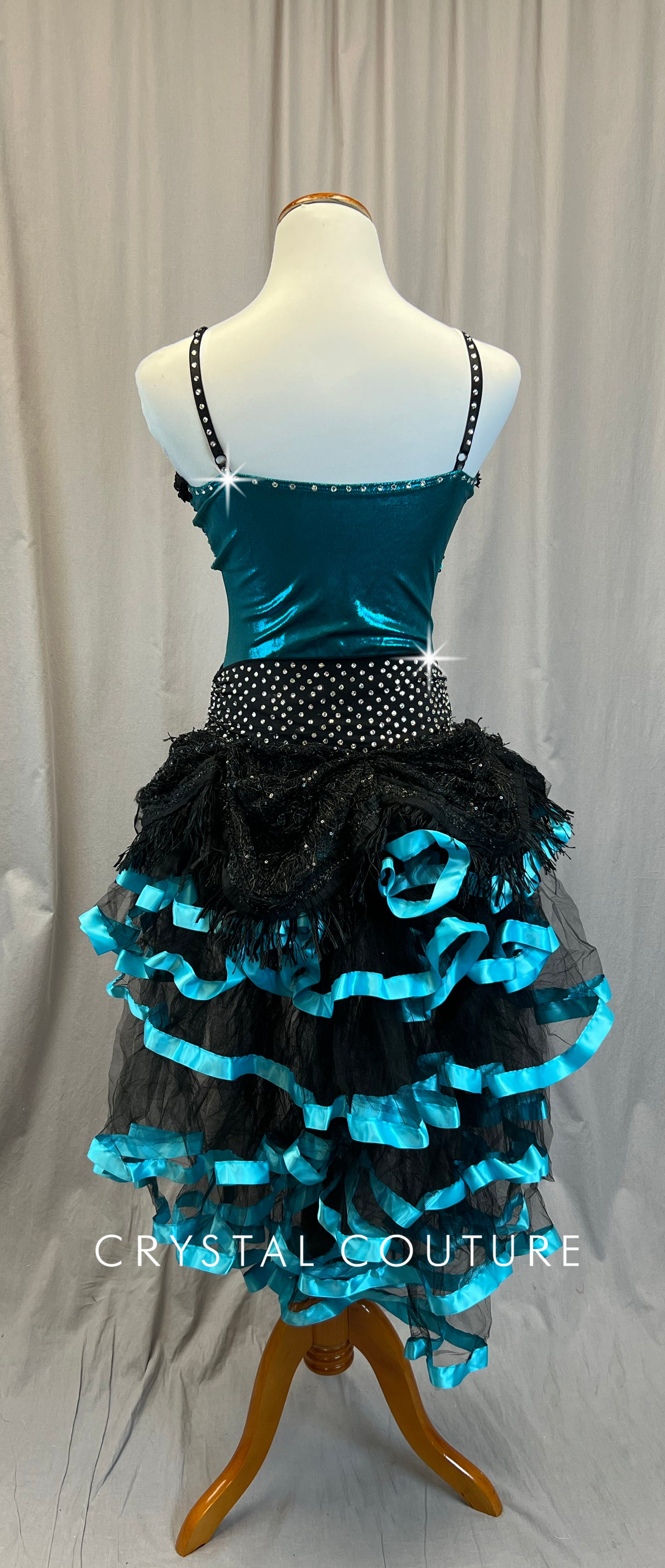 Teal and Black Sequin Lace Biketard with Black Tulle Bustle - Rhinestones