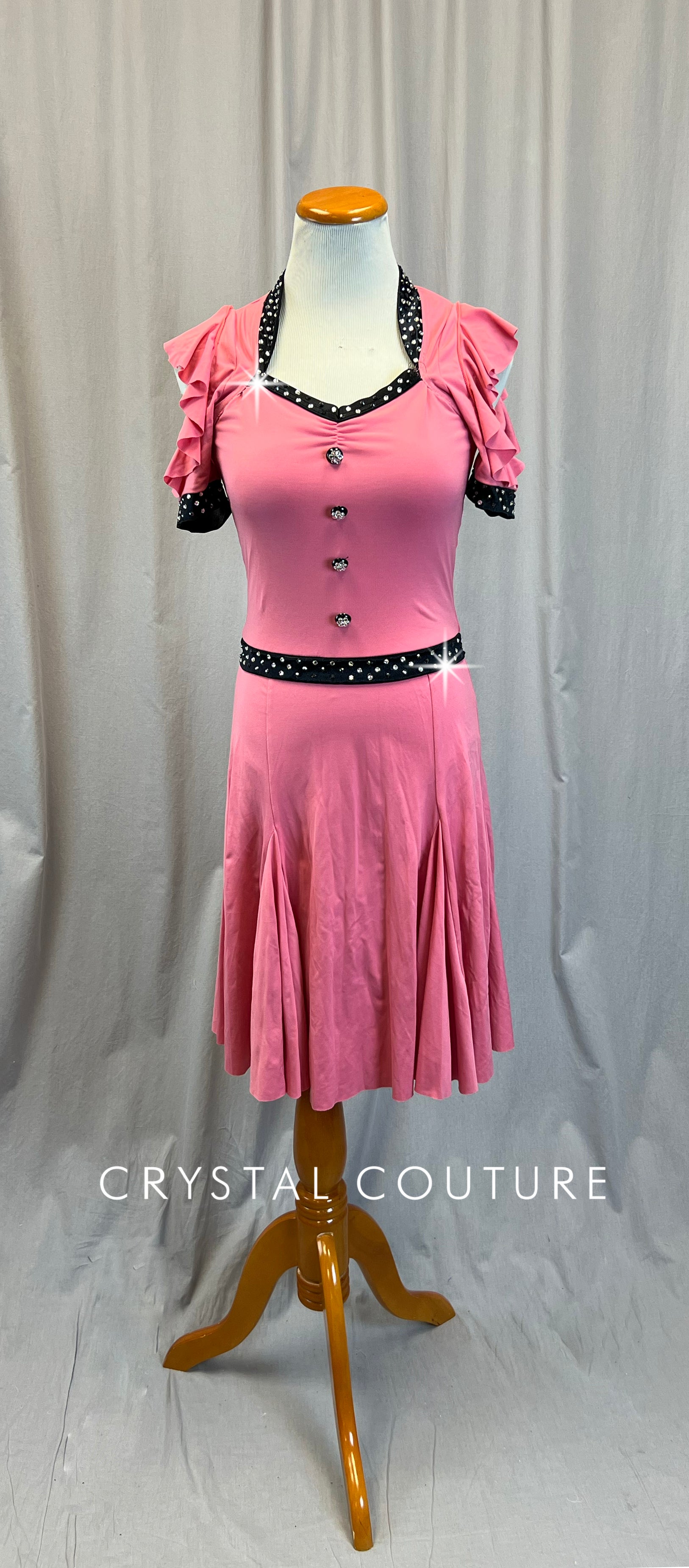 50s style pink dress Pink and Black Cold Shoulder 50s Style Swing Dress