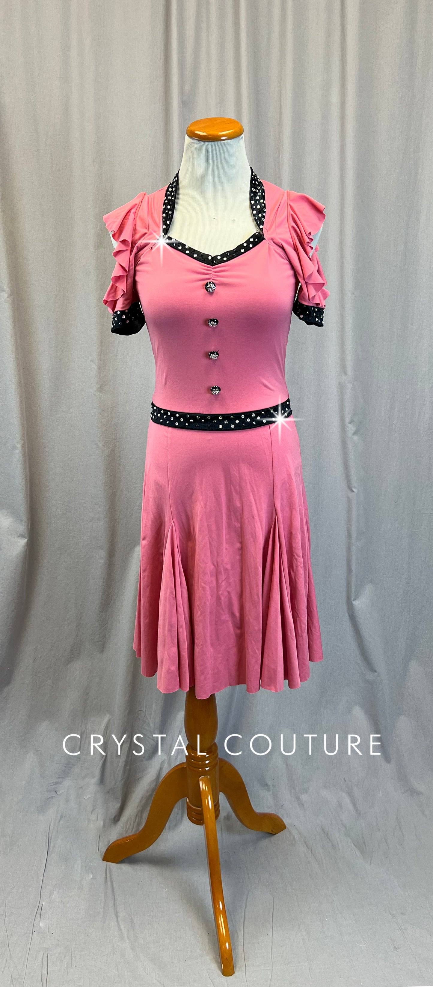 Pink and Black Cold Shoulder 50s Style Swing Dress - Rhinestones