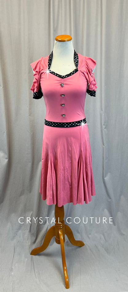 Pink and Black Cold Shoulder 50s Style Swing Dress - Rhinestones