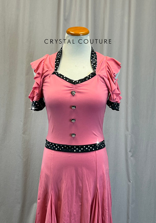 Pink and Black Cold Shoulder 50s Style Swing Dress - Rhinestones