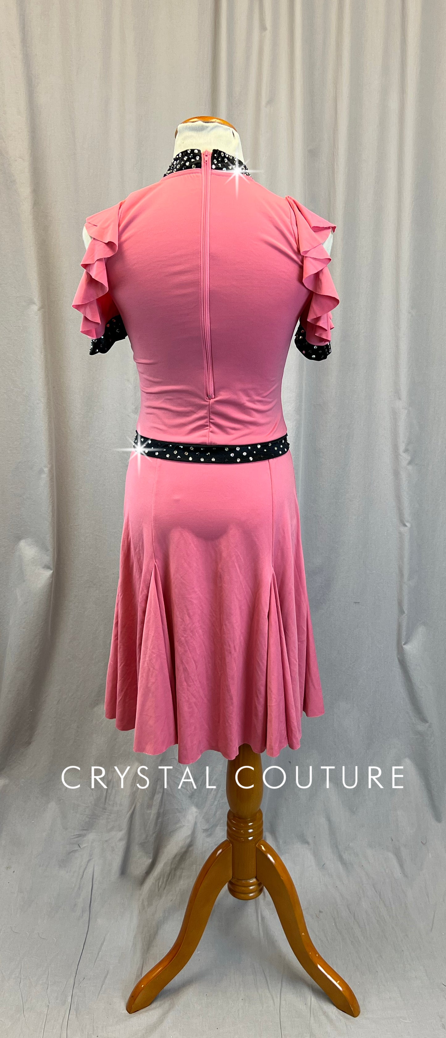 Pink and Black Cold Shoulder 50s Style Swing Dress - Rhinestones