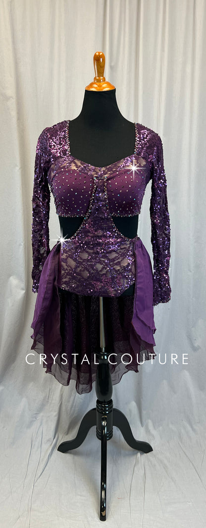 Plum Sequin Lace Connected Long Sleeve and Briefs with Attached Skirt - Rhinestones