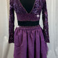 Plum Sequin Lace Connected Long Sleeve and Briefs with Attached Skirt - Rhinestones