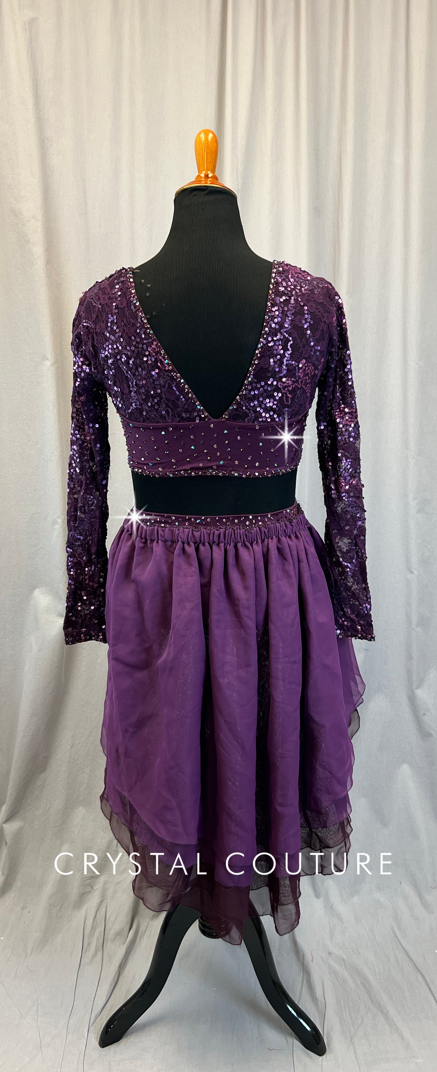 Plum Sequin Lace Connected Long Sleeve and Briefs with Attached Skirt - Rhinestones