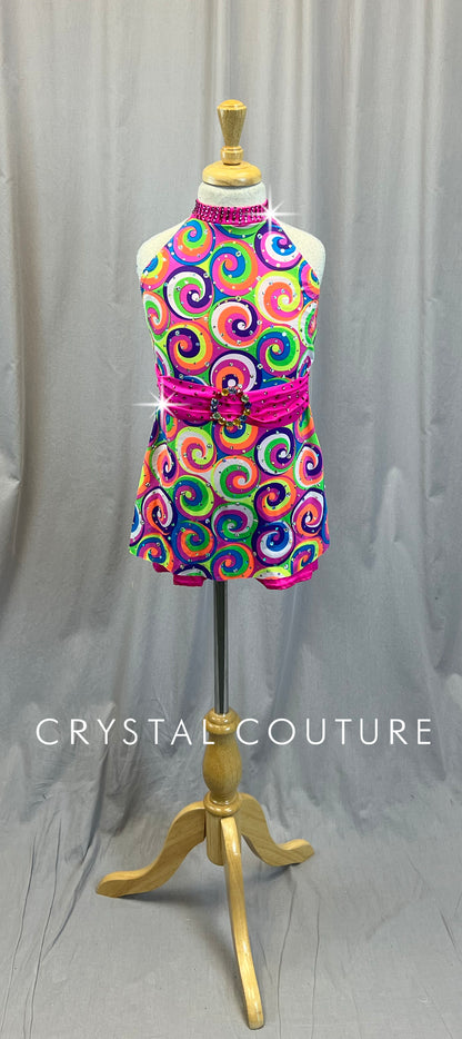 Pink,Orange, and Green Groovy Swirl Dress - Rhinestones