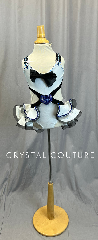 White and Black with a Blue Bow, Leotard with Structured Skirt - Rhinestones -Accessories