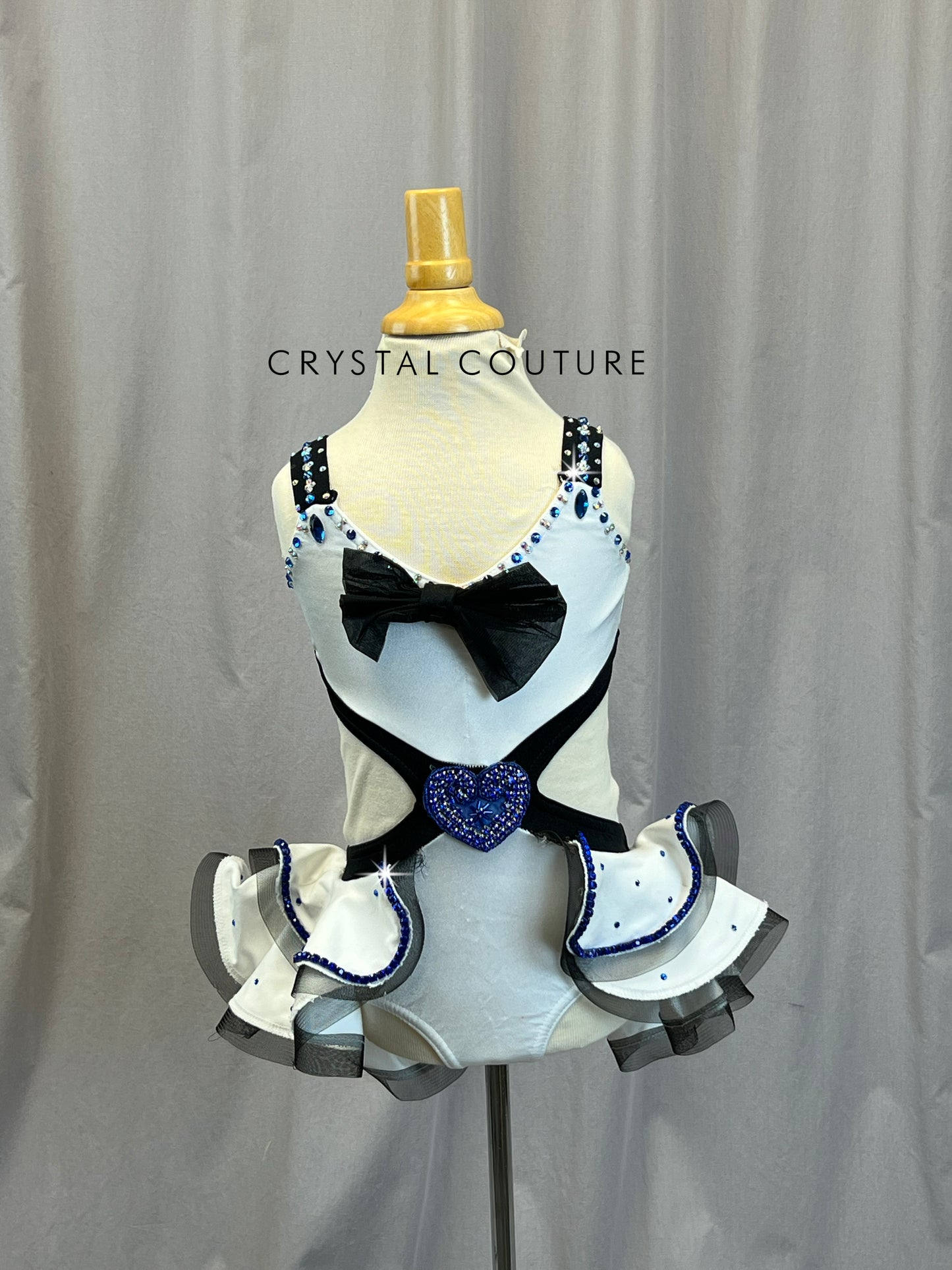 White and Black with a Blue Bow, Leotard with Structured Skirt - Rhinestones -Accessories