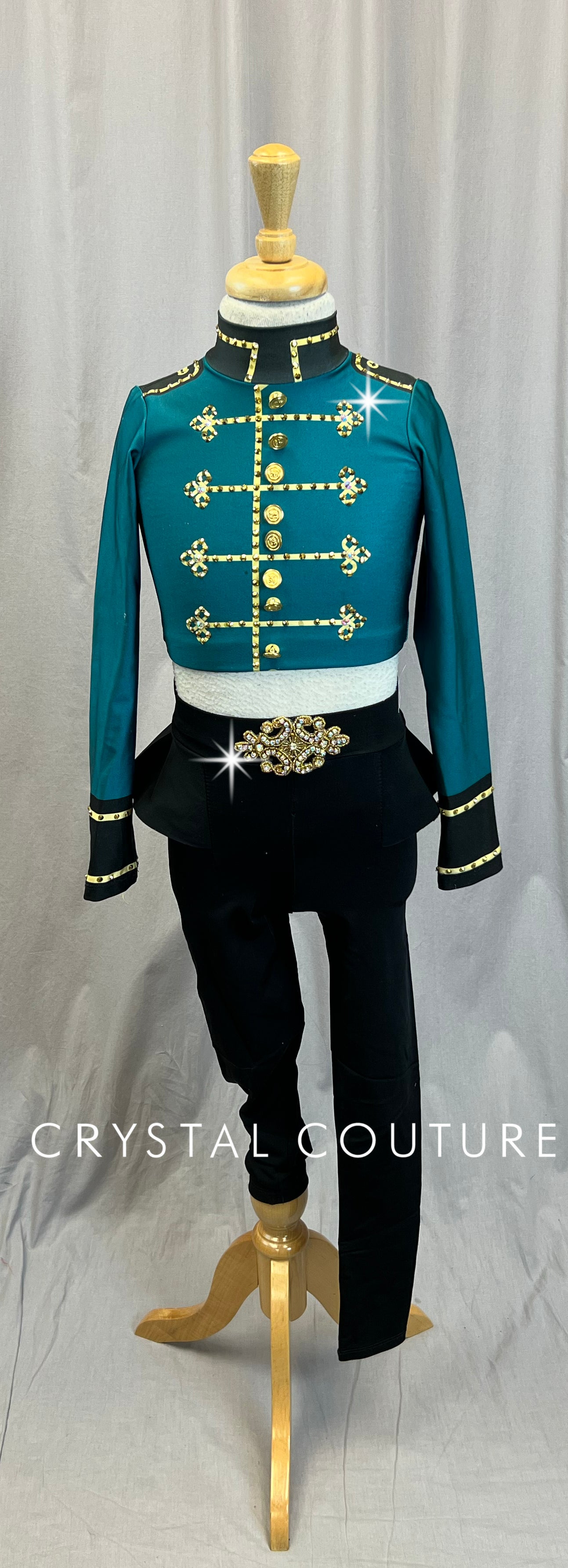 Emerald Green and Black Long Sleeve and Pants Two-Piece set *Bellhop Inspired* - Rhinestones