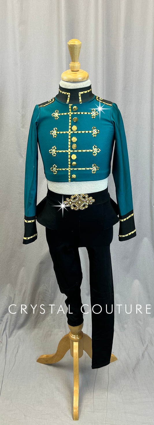 Emerald Green and Black Long Sleeve and Pants Two-Piece set *Bellhop Inspired* - Rhinestones