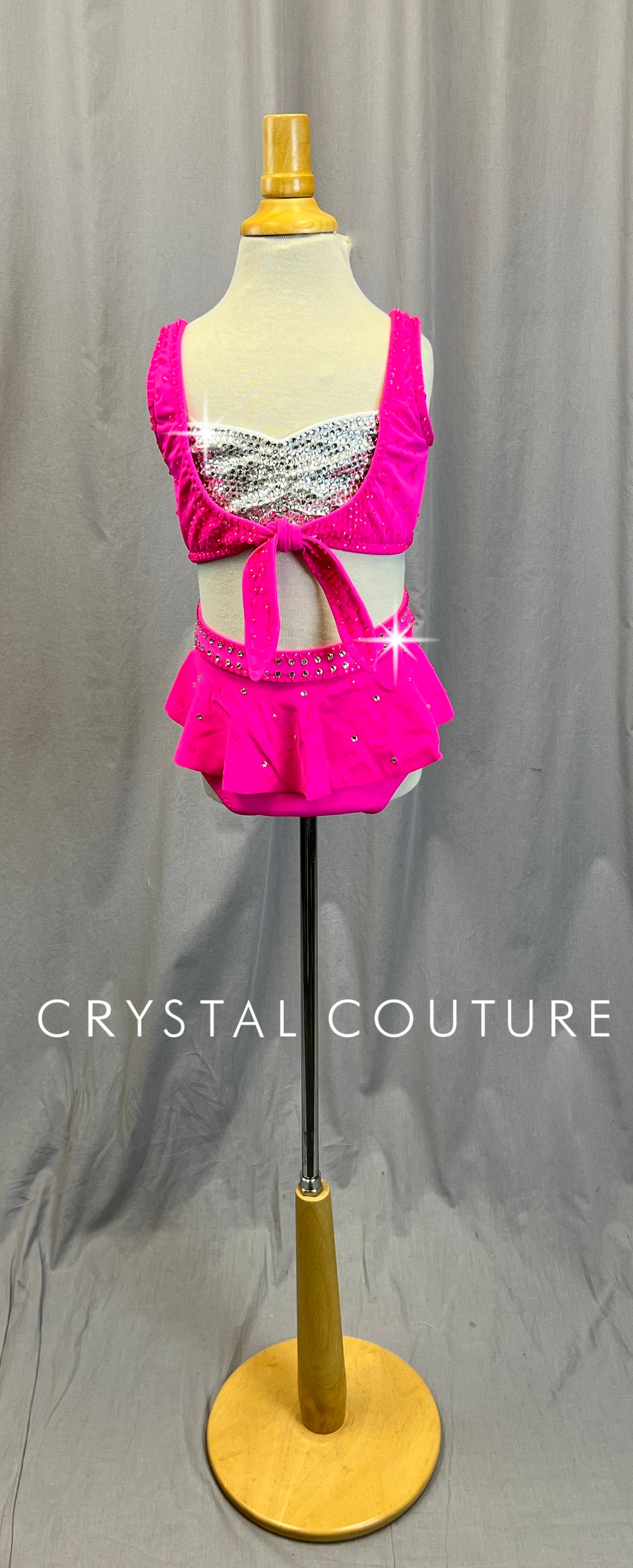Custom Neon Pink Crop Top and Brief Two-Piece Set - Rhinestones