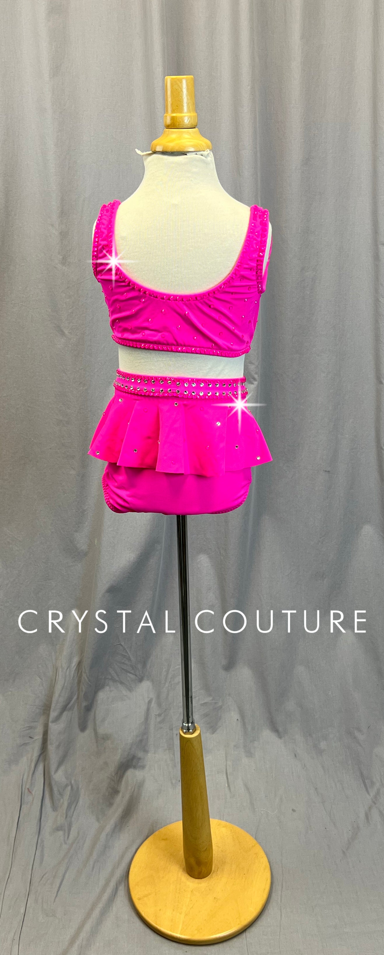 Custom Neon Pink Crop Top and Brief Two-Piece Set - Rhinestones