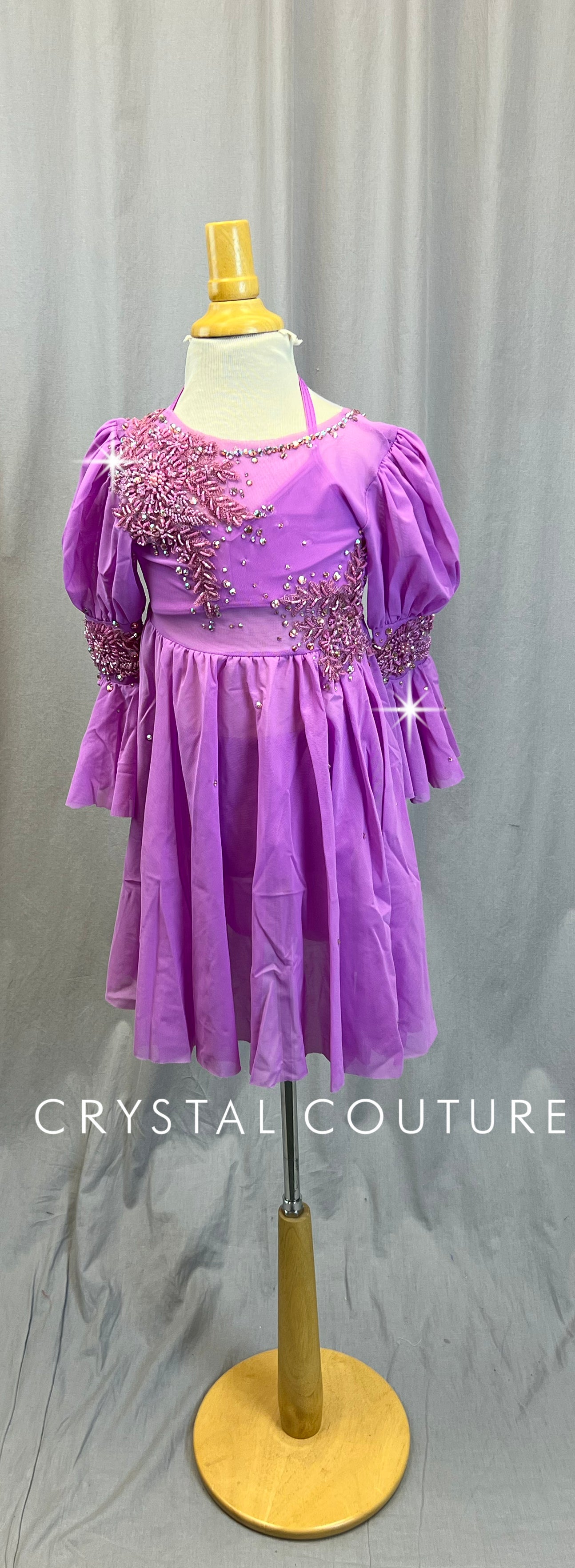 Purple Mesh Puff Sleeve Dress and Bra Top + Briefs - Rhinestones - Accessories