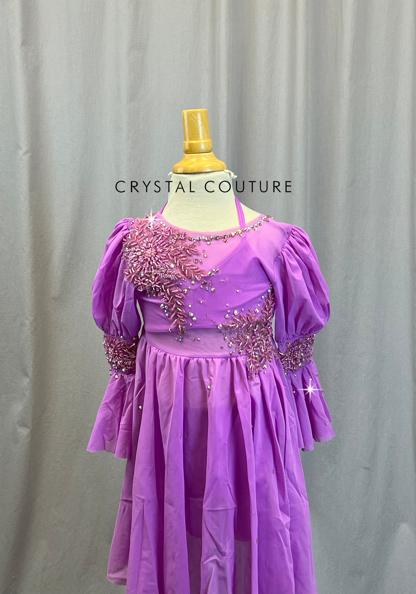 Purple Mesh Puff Sleeve Dress and Bra Top + Briefs - Rhinestones - Accessories