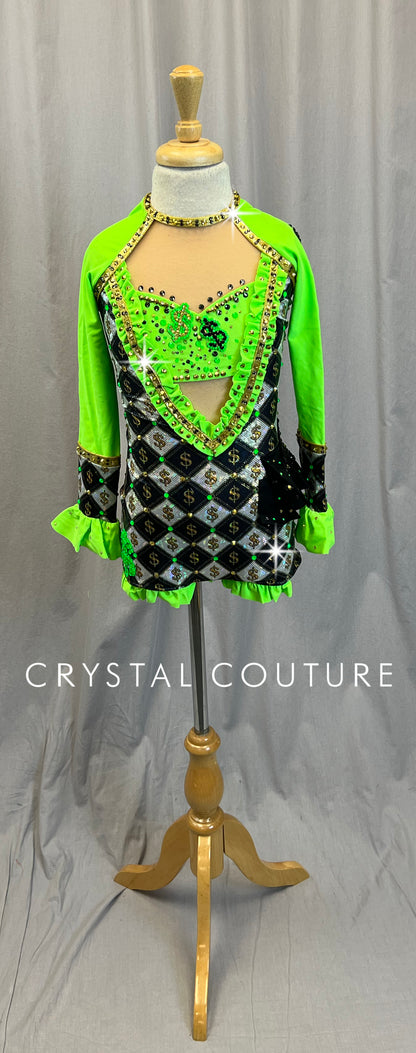 Custom Green, Black and Gold Long Sleeve Biketard - Rhinestones