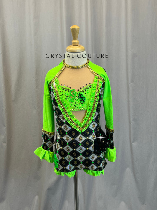 Custom Green, Black and Gold Long Sleeve Biketard - Rhinestones