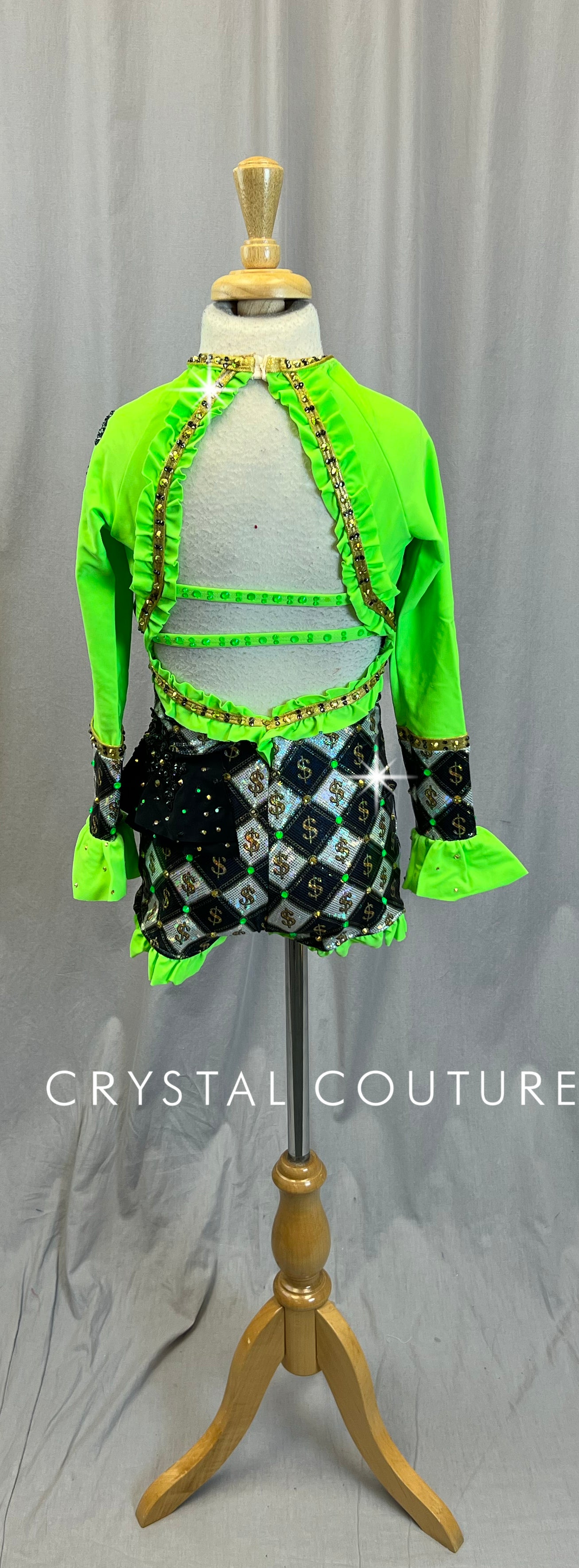 Custom Green, Black and Gold Long Sleeve Biketard - Rhinestones