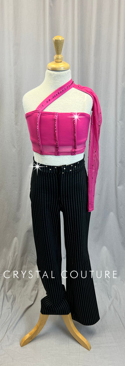 Pink and Black Mesh Corset Inspired Top + Pinstripe Pants - Rhinestones