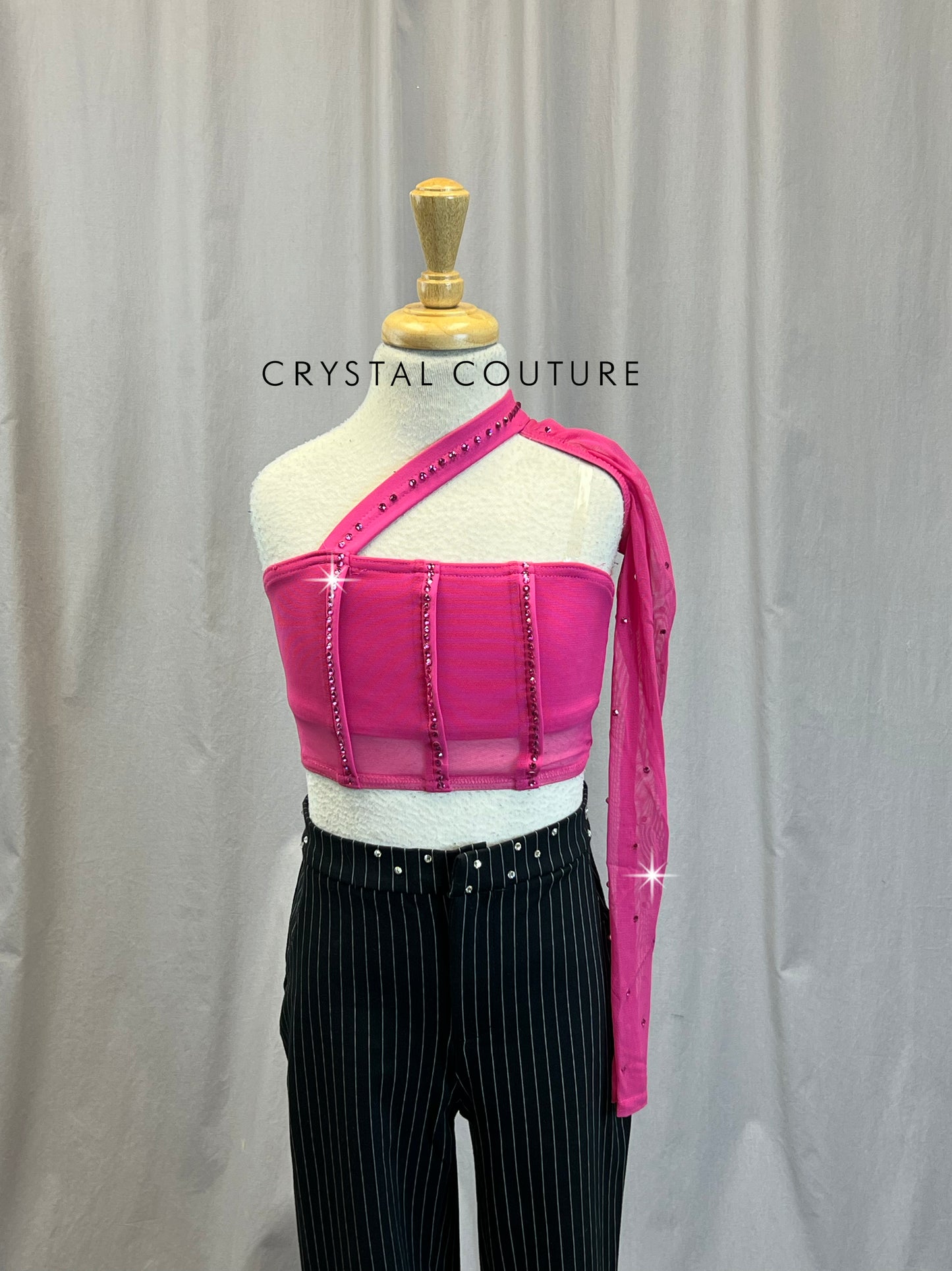 Pink and Black Mesh Corset Inspired Top + Pinstripe Pants - Rhinestones