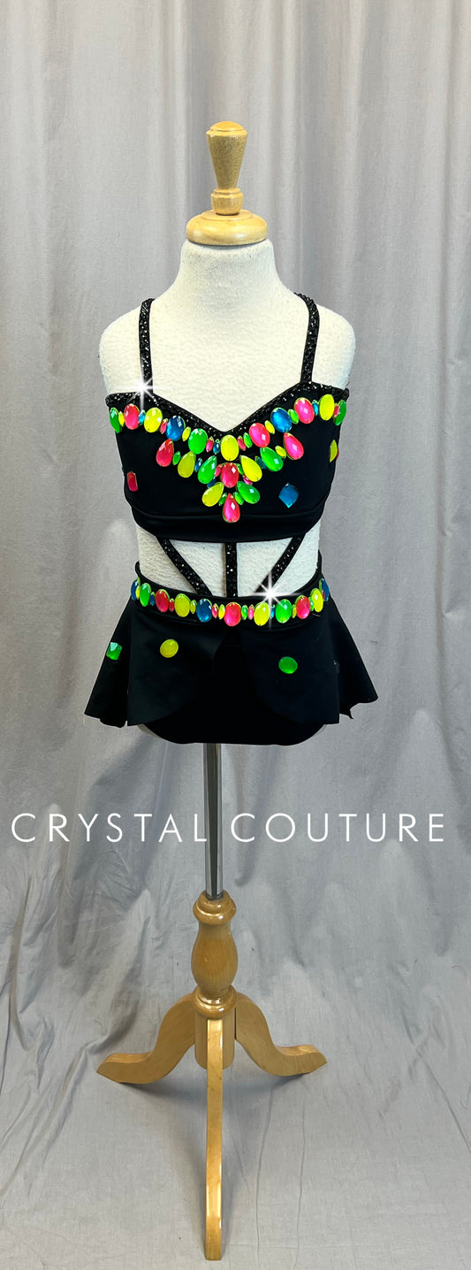 Black Strappy Leotard with Flounce Skirt and Neon Gemstones - Rhinestones