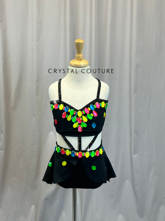 Black Strappy Leotard with Flounce Skirt and Neon Gemstones - Rhinestones