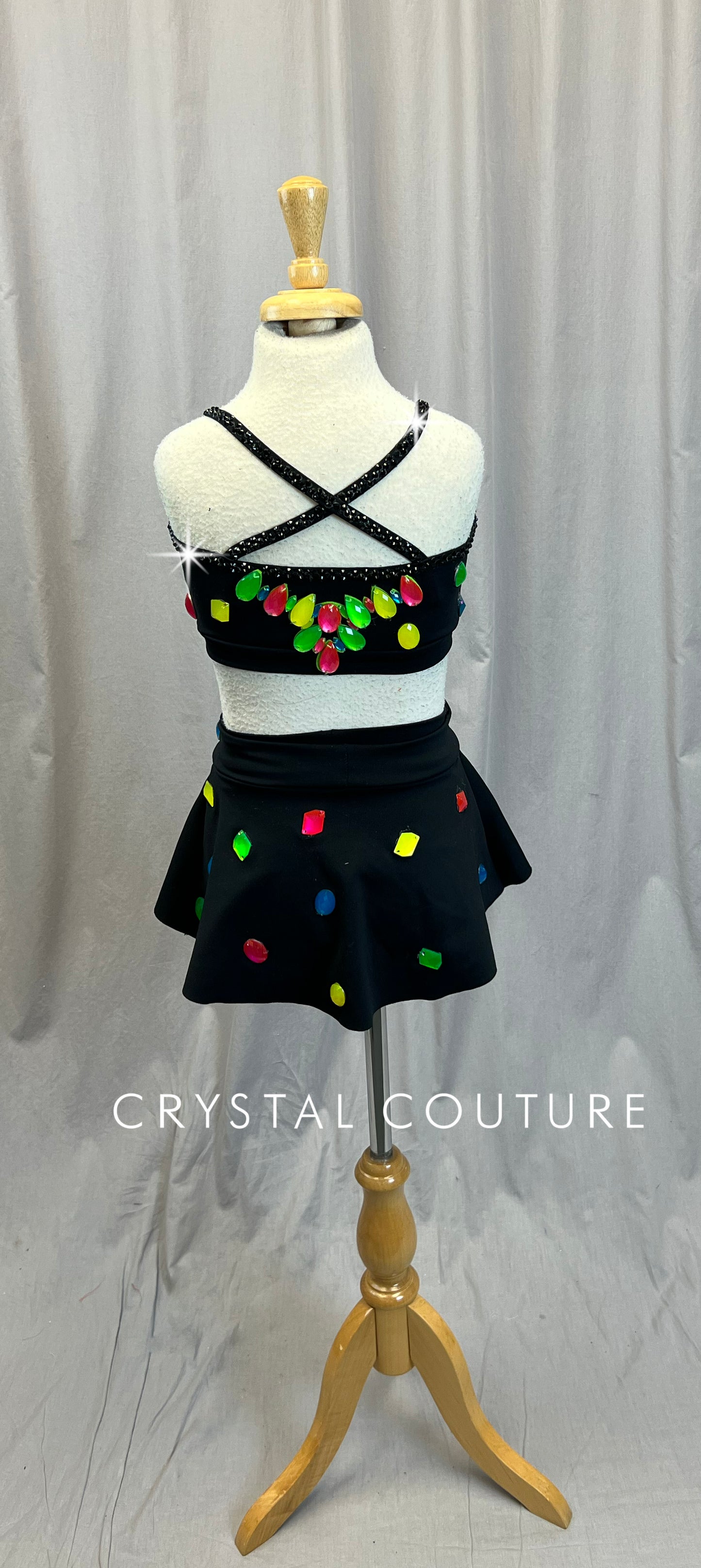 Black Strappy Leotard with Flounce Skirt and Neon Gemstones - Rhinestones