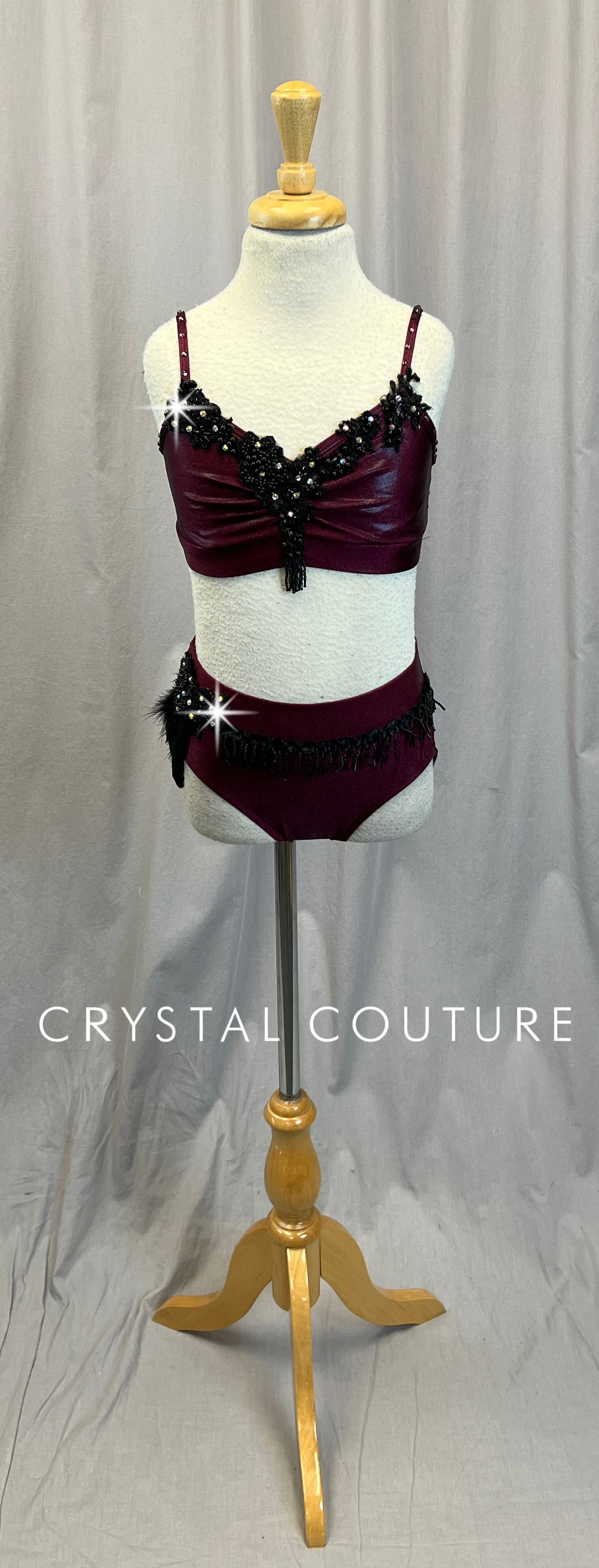 Burgundy/Wine with Black Accents Bra and Briefs Two-Piece Set -Rhinestones - Accessories