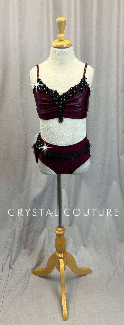 Burgundy/Wine with Black Accents Bra and Briefs Two-Piece Set -Rhinestones - Accessories