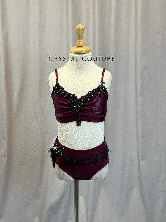 Burgundy/Wine with Black Accents Bra and Briefs Two-Piece Set -Rhinestones - Accessories