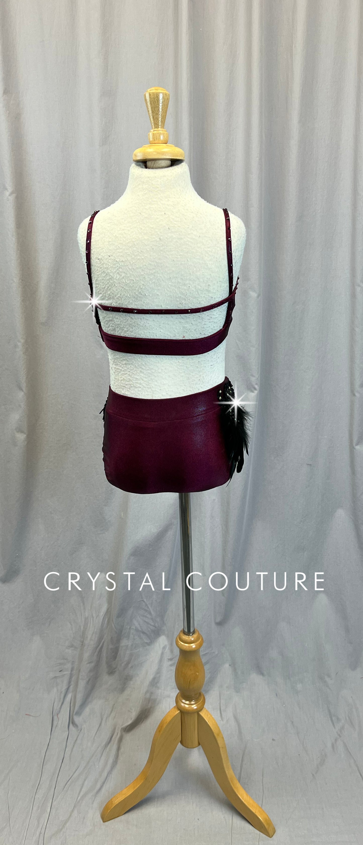 Burgundy/Wine with Black Accents Bra and Briefs Two-Piece Set -Rhinestones - Accessories