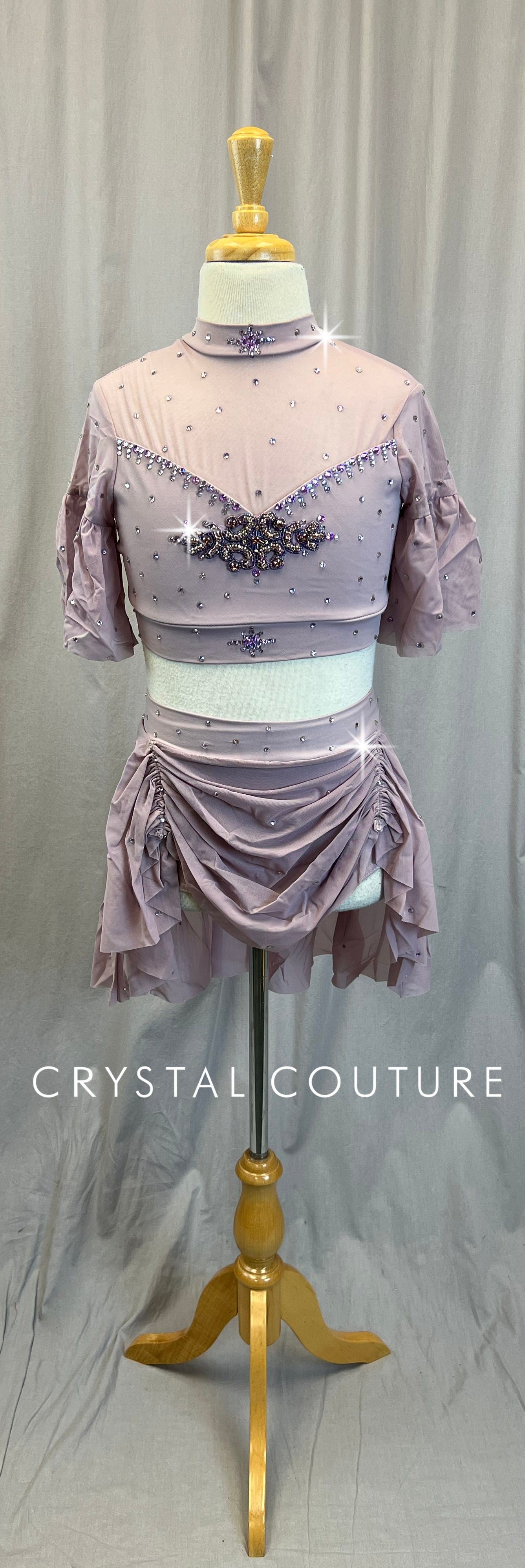 Lilac Flounce Sleeve Crop Top and Skirt Two-Piece Set - Rhinestones
