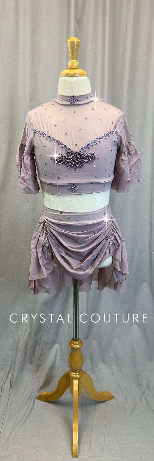 Lilac Flounce Sleeve Crop Top and Skirt Two-Piece Set - Rhinestones
