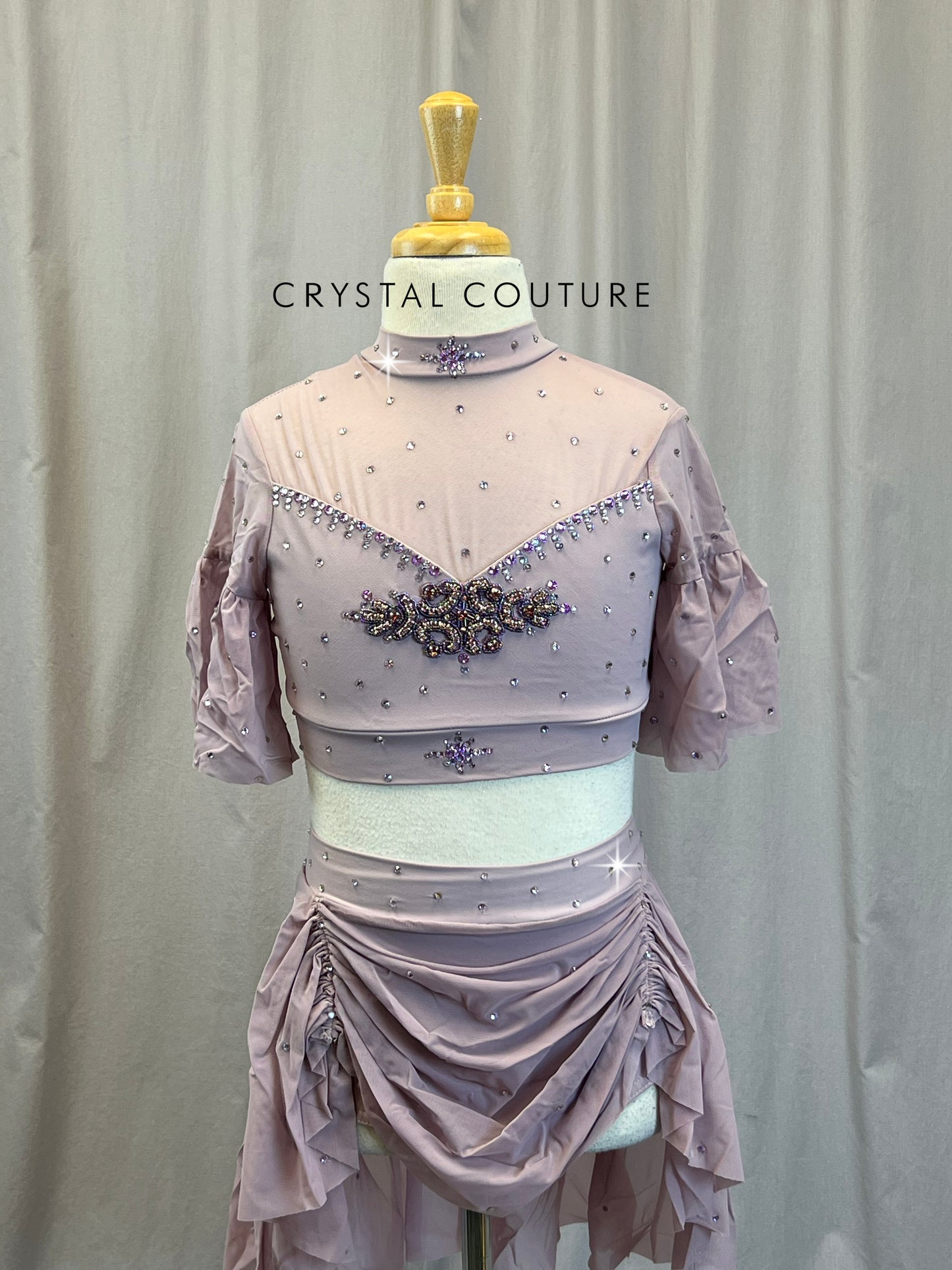 Lilac Flounce Sleeve Crop Top and Skirt Two-Piece Set - Rhinestones