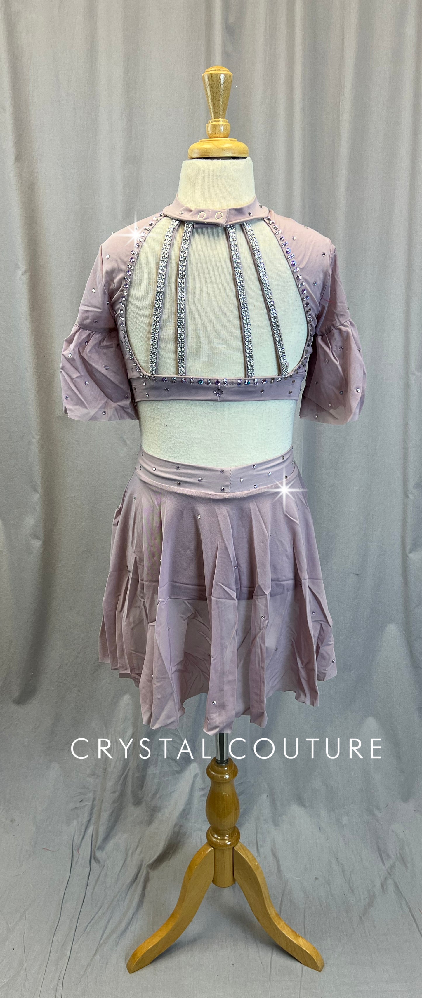 Lilac Flounce Sleeve Crop Top and Skirt Two-Piece Set - Rhinestones