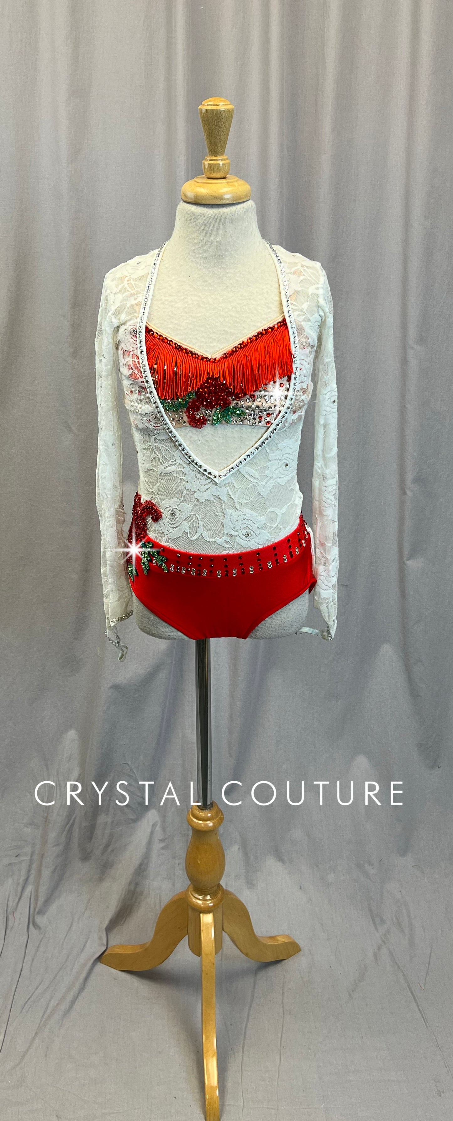 White and Red Lace Long Sleeve leotard with Nude and Red Fringe Bra Top - Rhinestones