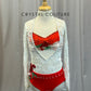 White and Red Lace Long Sleeve leotard with Nude and Red Fringe Bra Top - Rhinestones