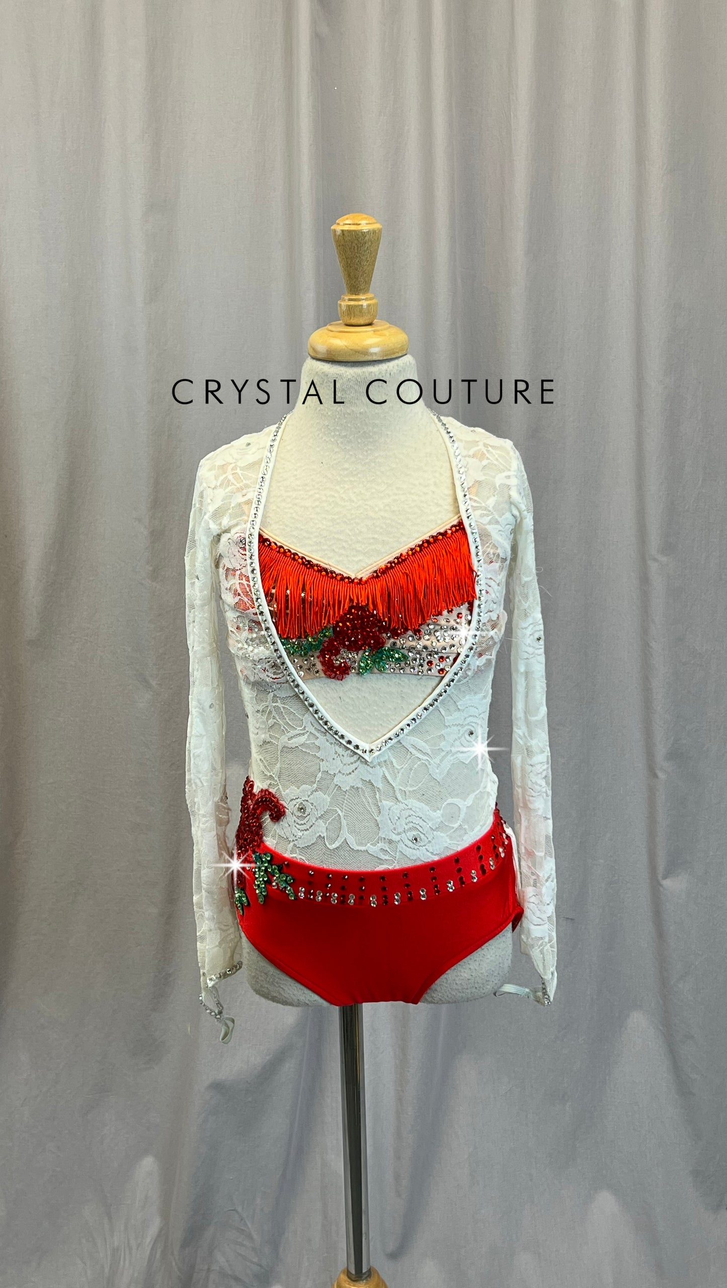 White and Red Lace Long Sleeve leotard with Nude and Red Fringe Bra Top - Rhinestones
